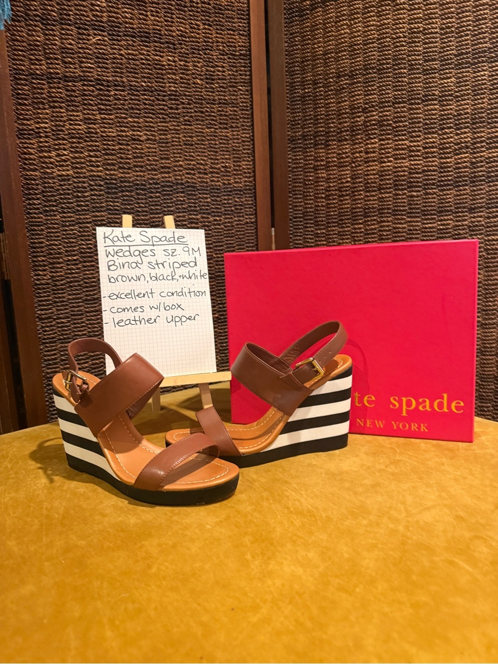 kate spade Brown Leather Wedge Sandals with Black and White Striped Platform
